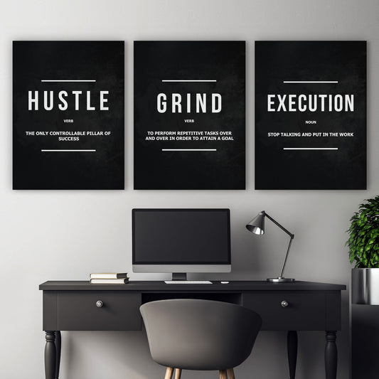 "Hustle Grind Execution" Motivational Quote Poster Prints Set Of 3