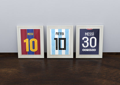 Lionel Messi Fußballtrikot-Poster, 3er-Set, Messi-Wandkunst, Barcelona, ​​Argentinien, PSG, Wandkunst, Digitaldruck, Geburtstagsgeschenk, druckbar